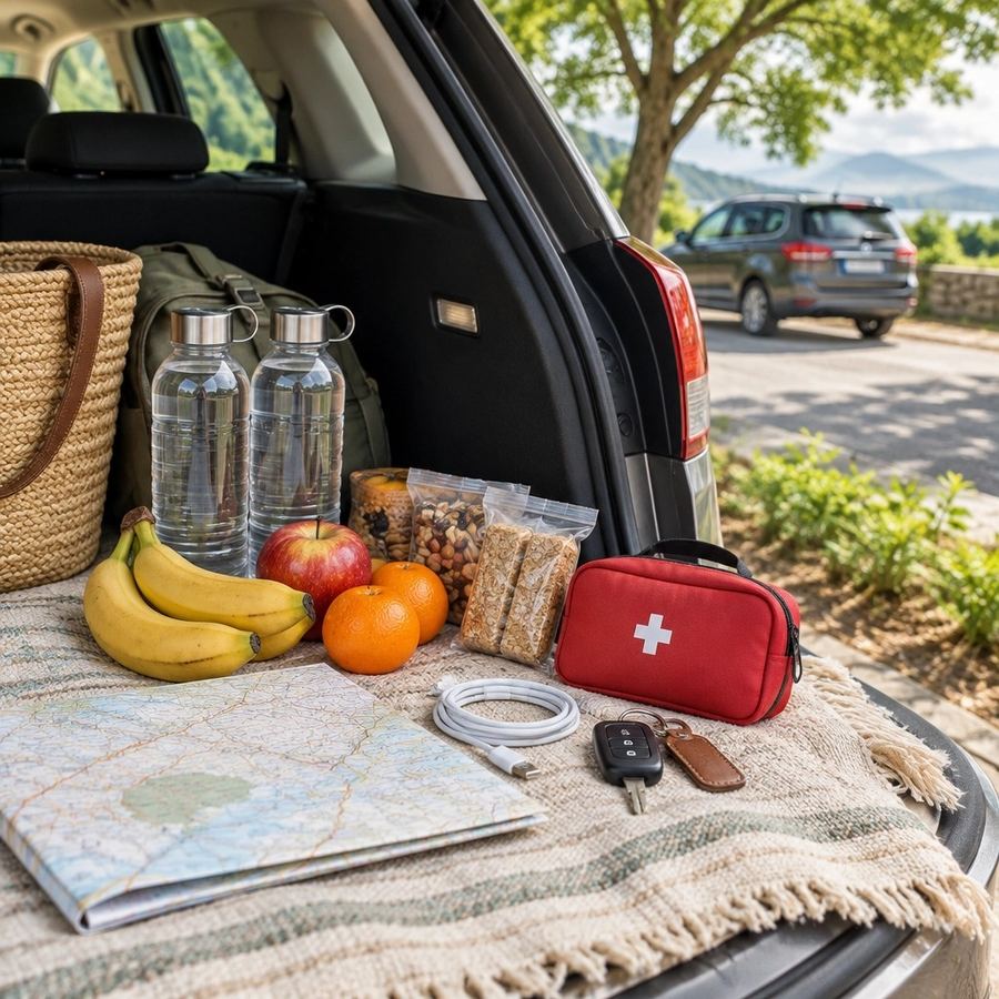 Illustration: an open car boot with water bottles, fruit, snacks, a first-aid kit, a phone charger cable and a paper road map laid out on a woven blanket