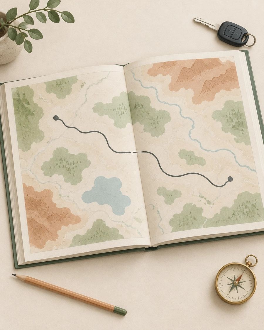 Illustration: an open notebook with a hand-drawn map and winding route line, beside a car key, a compass and a pencil