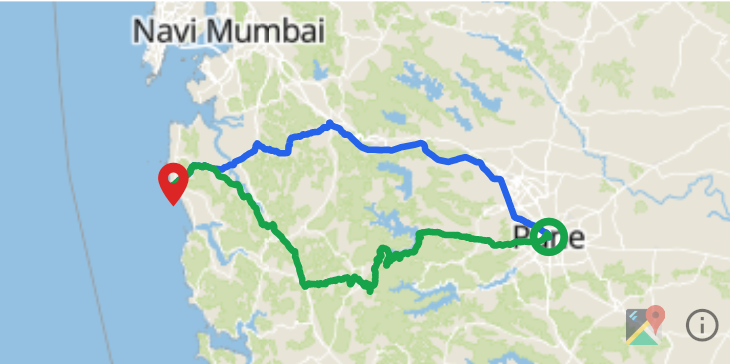 The app map showing a blue Route A and green Route B between Mumbai and Pune