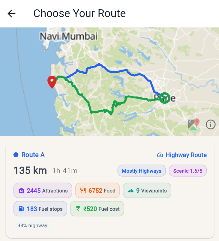 The app's route chooser showing a faster blue highway route and a slower green scenic route