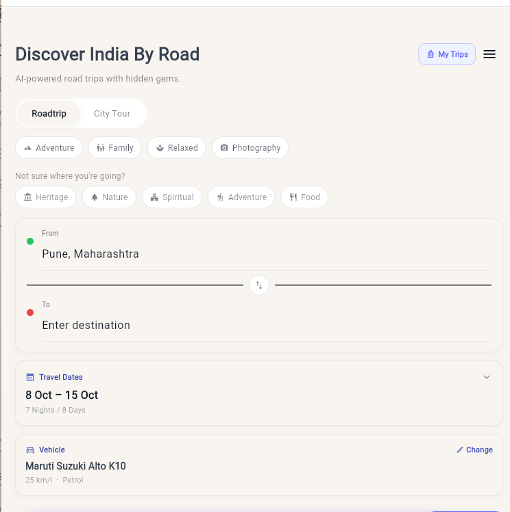 The app home screen for planning a trip, with starting point, destination, dates and vehicle fields
