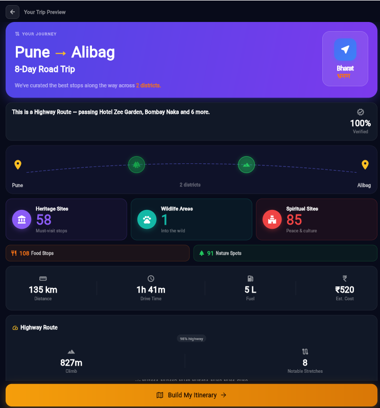 The app's trip preview summarising a Pune to Alibag road trip with the journey route and stops