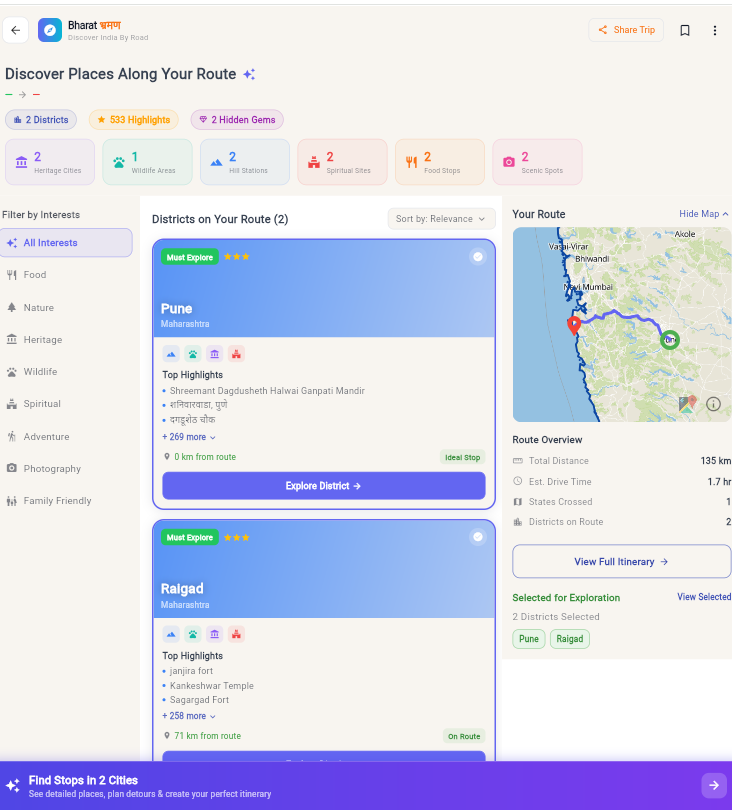 The app's places screen showing districts and highlights along the route beside a small route map