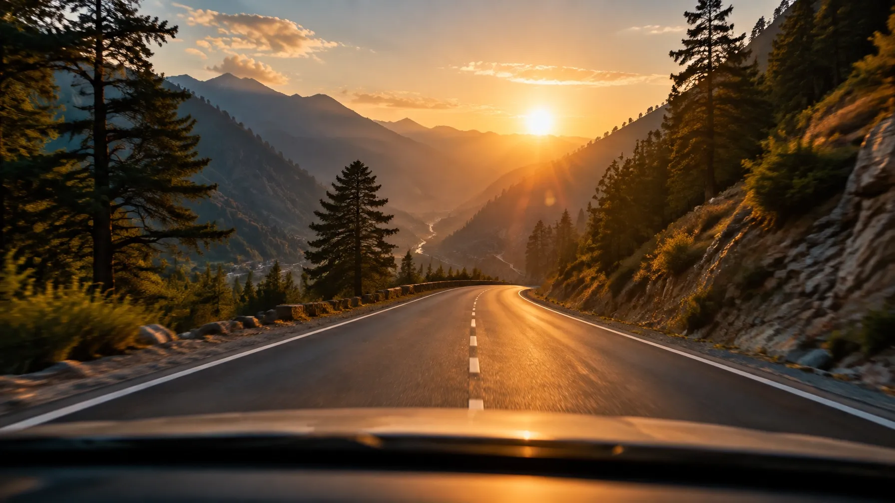 Driver's-eye view of a Himalayan road at golden hour with a navigation overlay showing a direct route and a longer scenic route