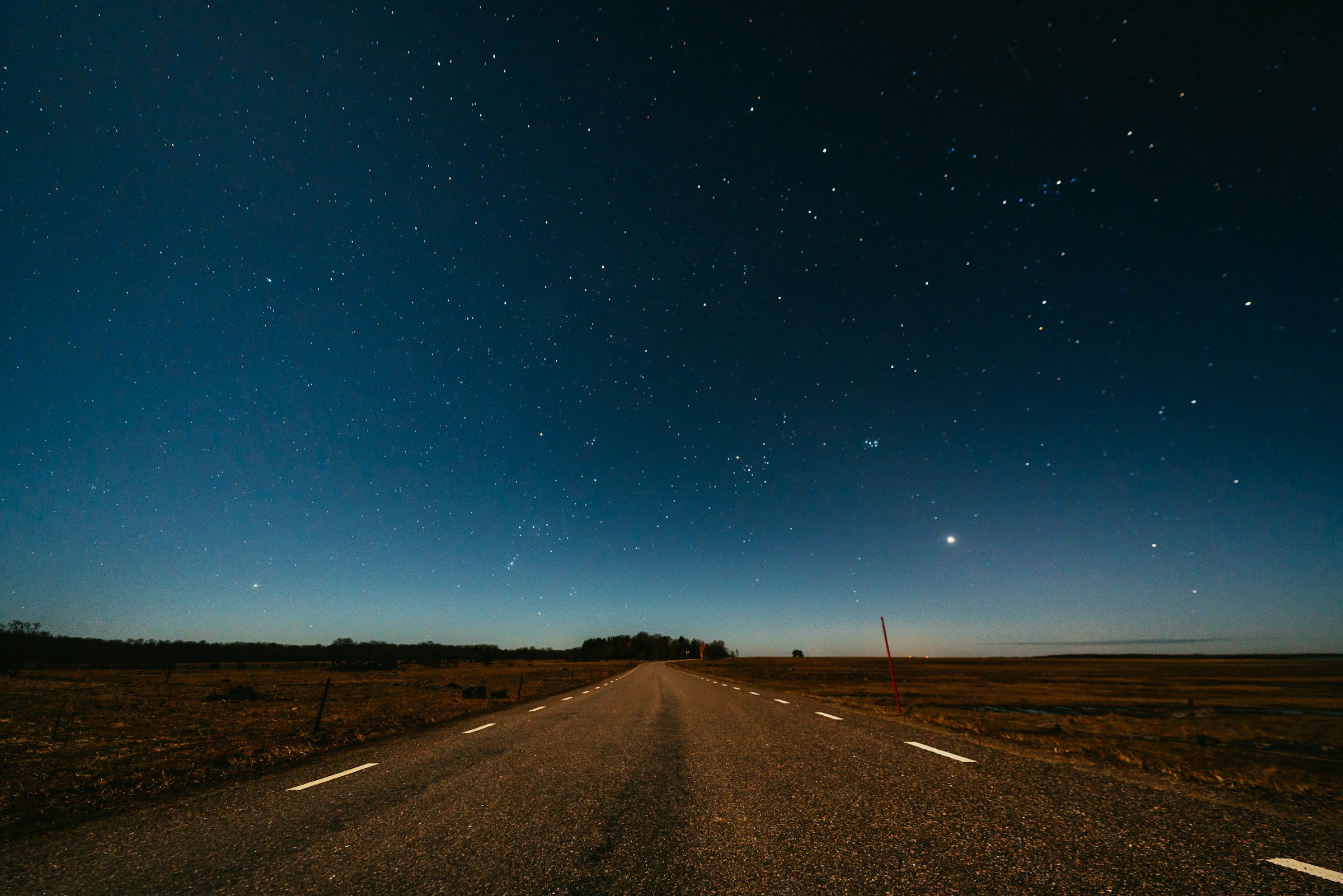 An empty road stretching toward the horizon under a sky full of stars