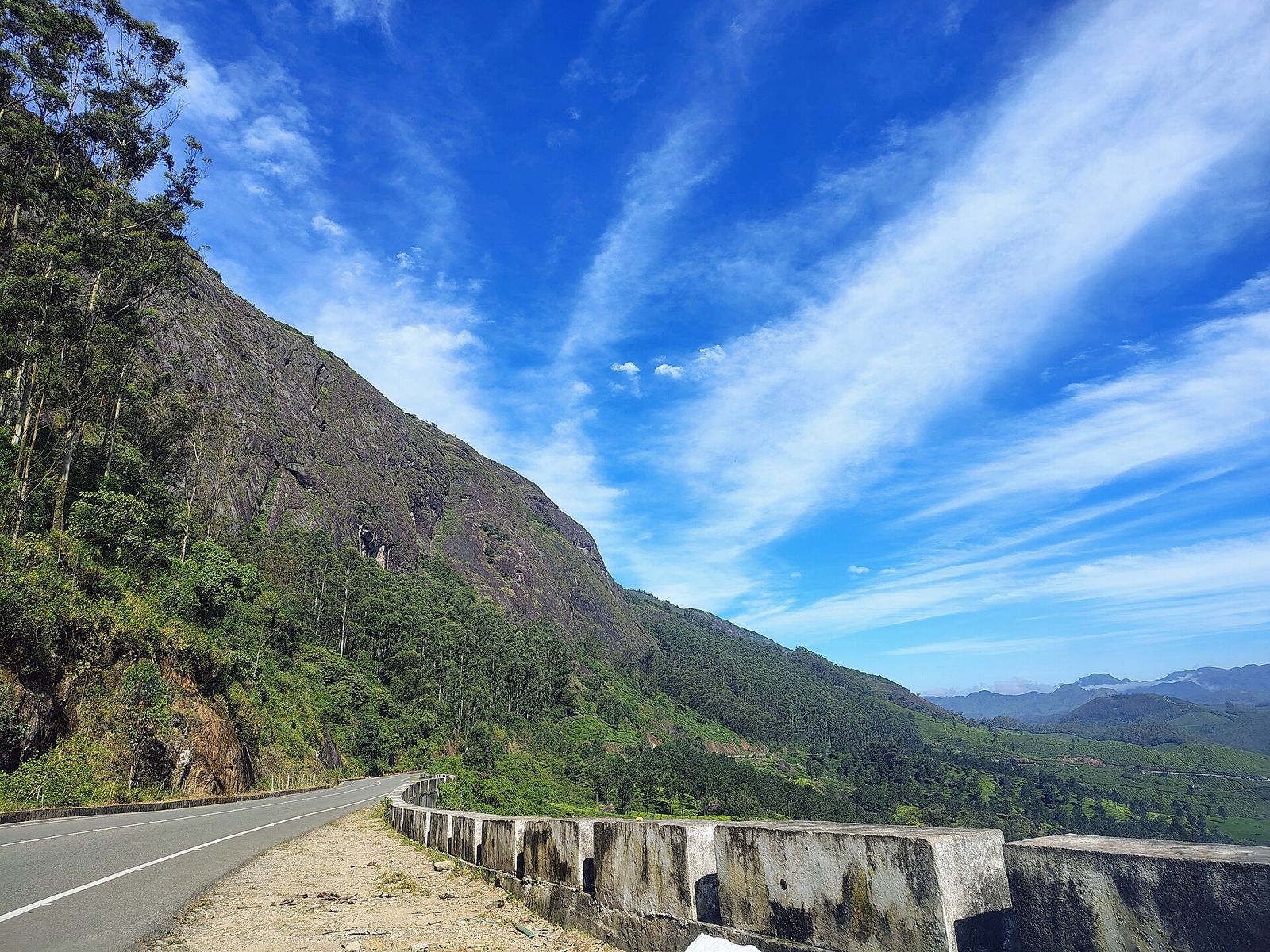 A road curving along a green hillside above tea country near Munnar under a bright blue sky