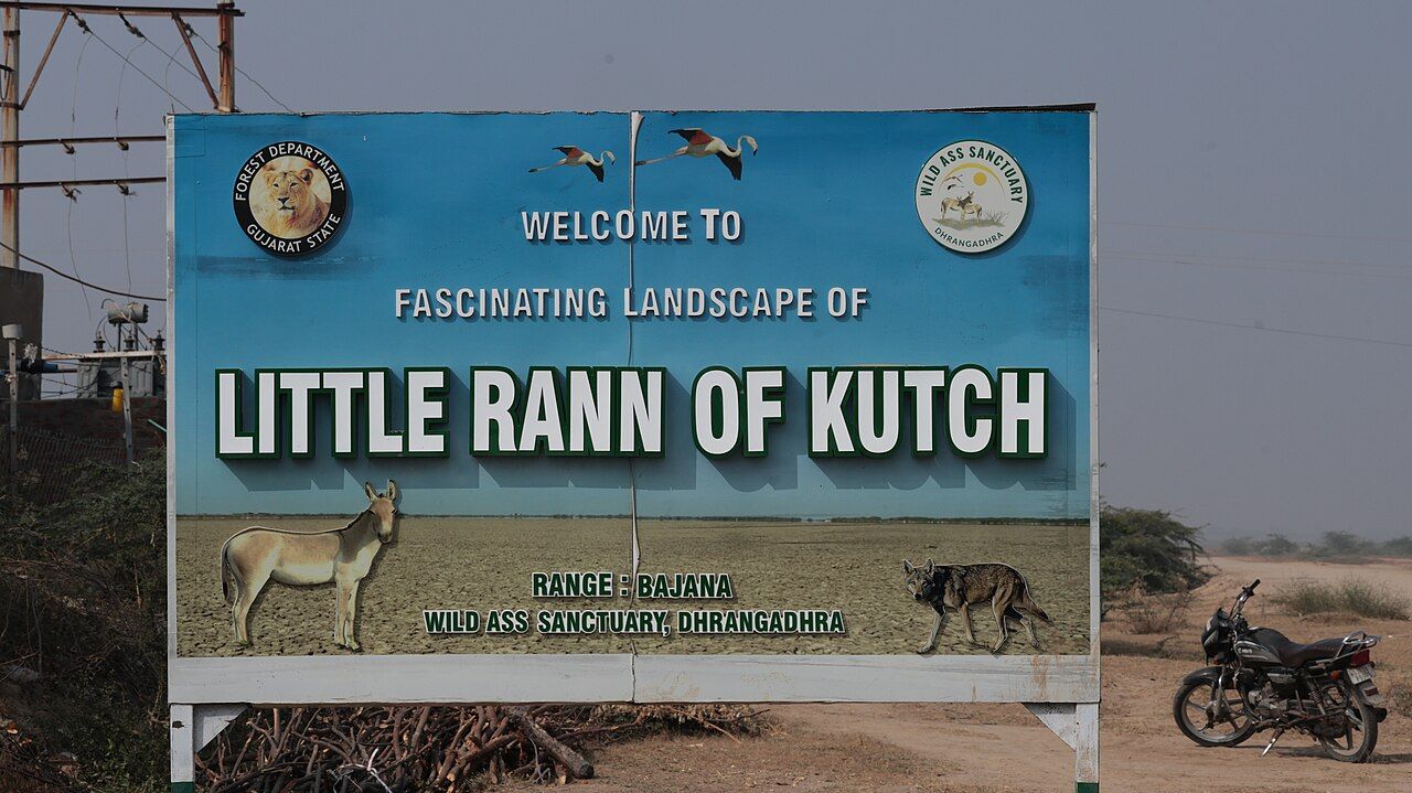 The welcome sign at the Little Rann of Kutch Wild Ass Sanctuary, with a wild ass and flamingos painted on it